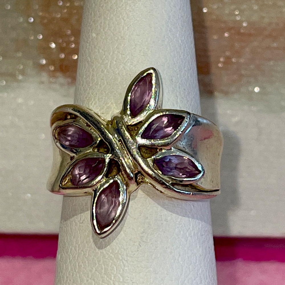 925 Sterling Silver Butterfly Ring with Amethyst Crystals